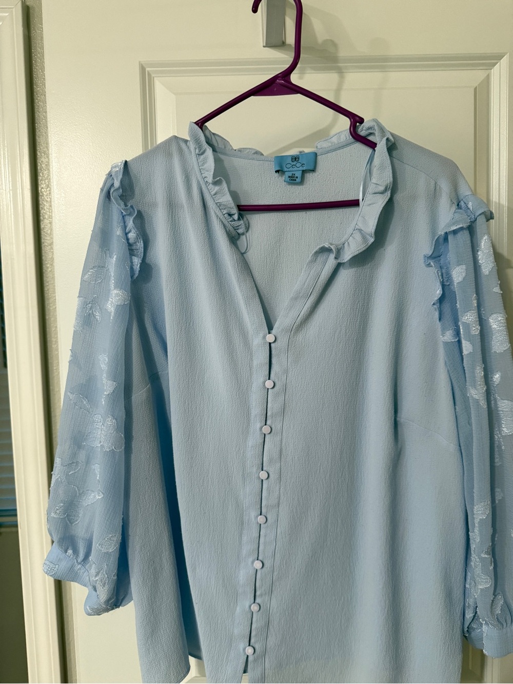 CeCe Pale Blue Ruffle-Trim Button Front Blouse